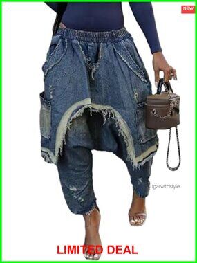 Women's Harem Denim Pants High Waist Patchwork Wide Leg Jeans